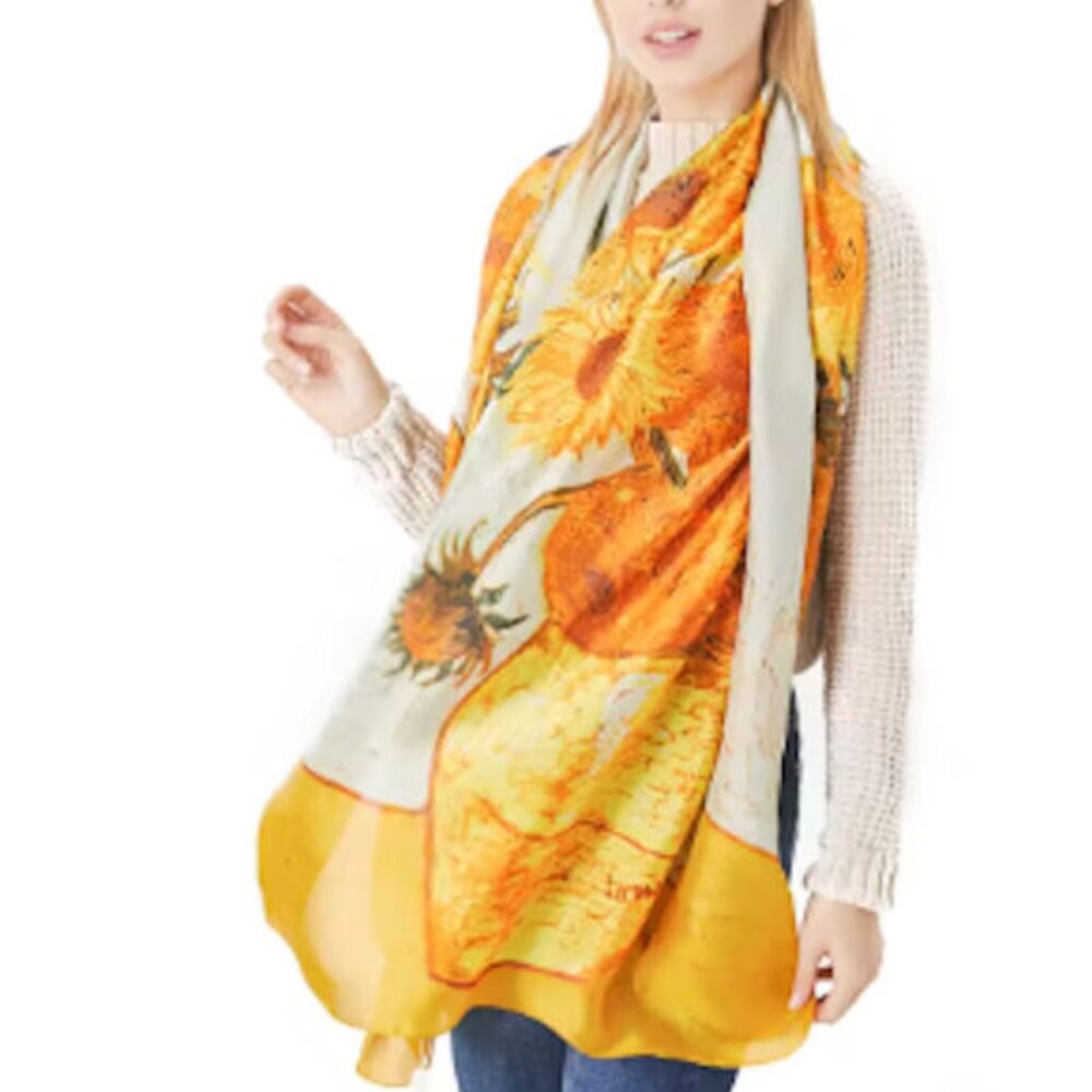 Luxury Van Gogh Inspired 100% Silk Scarf – Sunflowers Print Fashion Wrap NEW